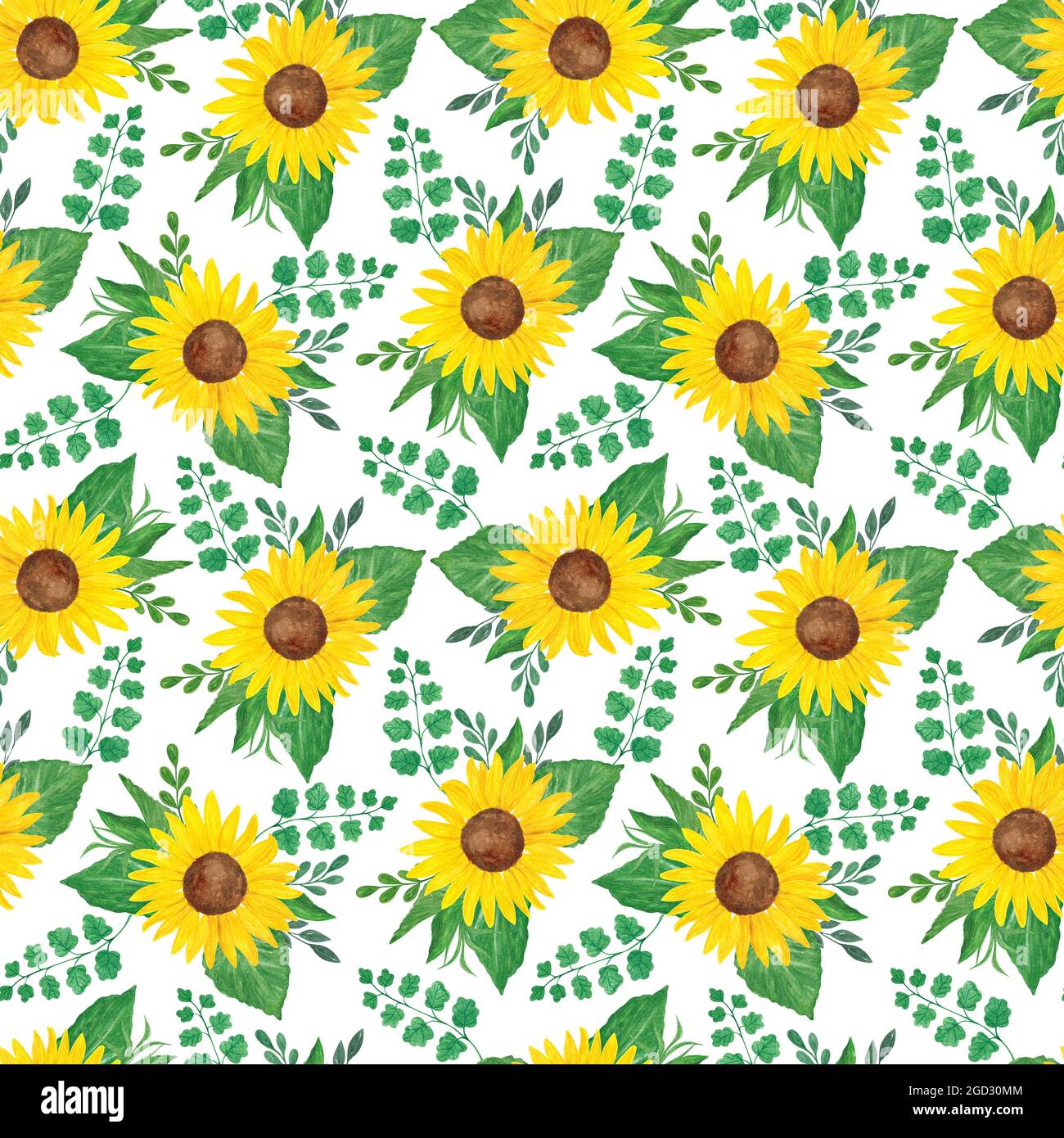 Gelbe Sonnenblumen und Blätter Blumenarrangement nahtloses Muster, Symbol für Sommer und Erntezeit für Textil, Geschenkpapier Dekor Stockfoto