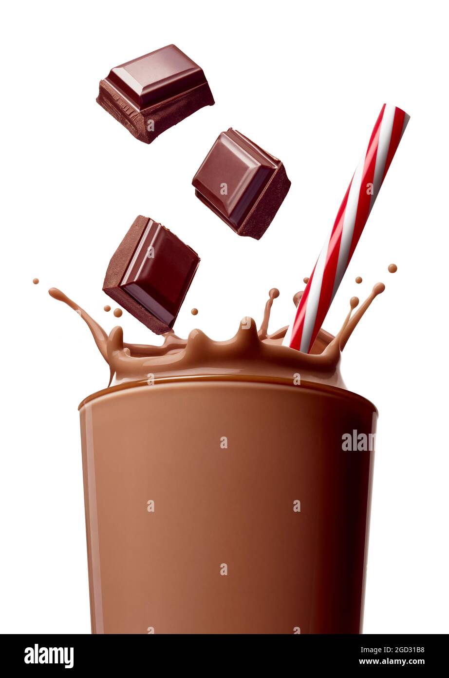 Schokolade Milch trinken Splash Glas Stroh Stockfoto