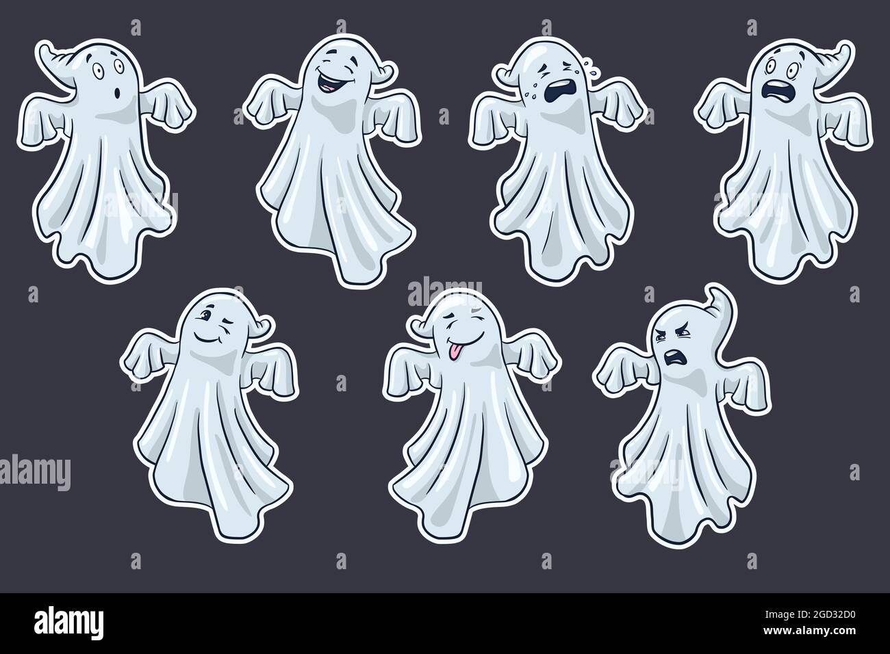 Cartoon Geister Sticker Set. Sammlung von handgezeichneten halloween niedlichen Spucke. Premium Vector Stock Vektor