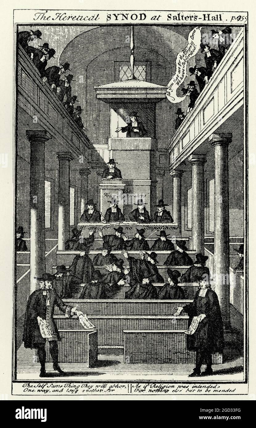 Vintage-Gravur einer Satire auf Presbyterianischen Minstern, Ende des 17. Jahrhunderts bis Anfang des 18. Jahrhunderts. Ketzerische Synode in der Salters Hall Stockfoto