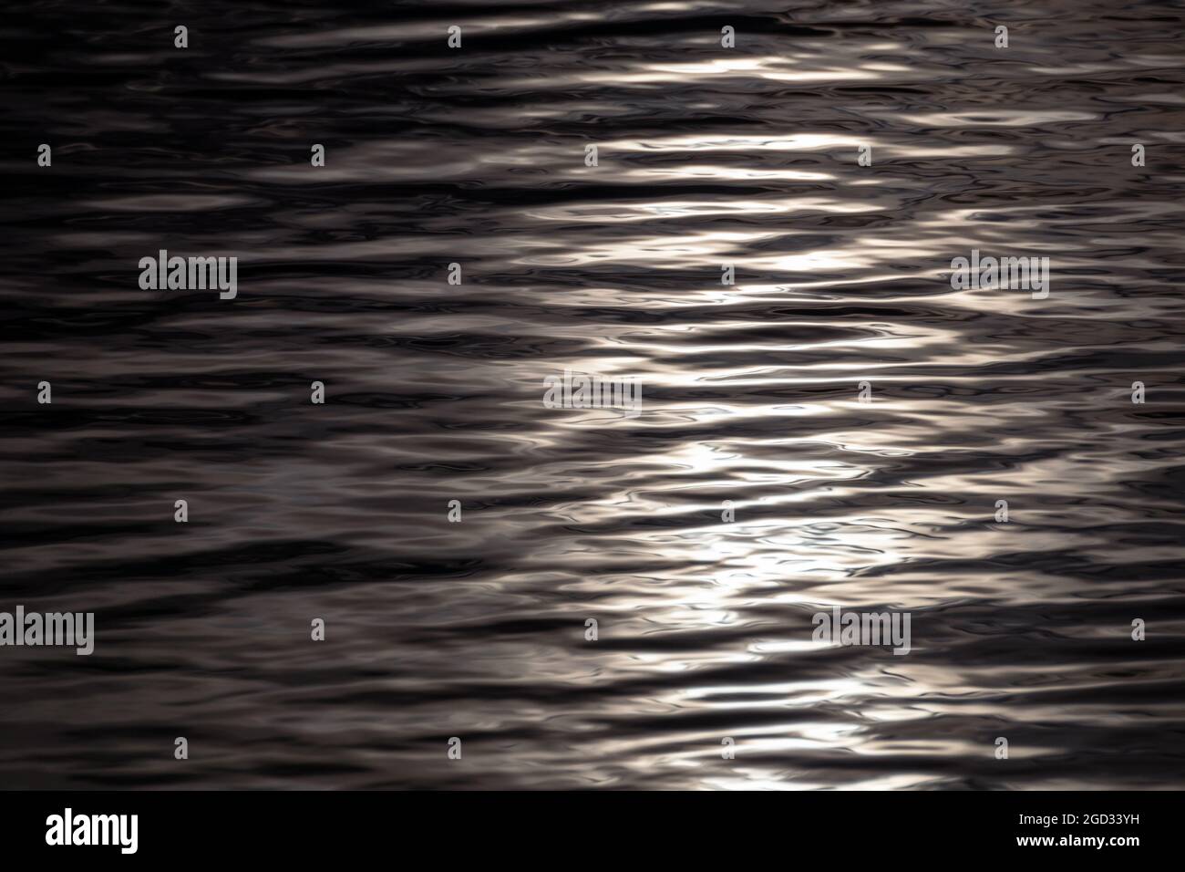 Nahaufnahme der Wellenstruktur. Oberflächenmuster aus metallischem Wellenwasser. Glänzendes Wasser mit Reflexen Stockfoto