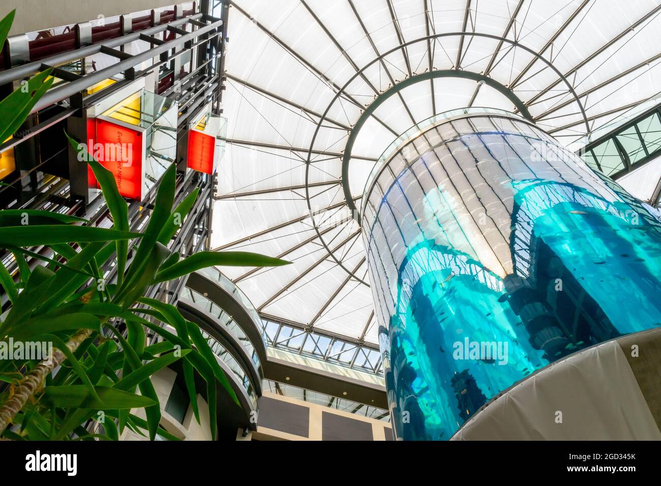Blick auf den AquaDom, Dach, Aufzüge in der Lobby des Radisson Blue Hotels, Berlin, Deutschland Stockfoto