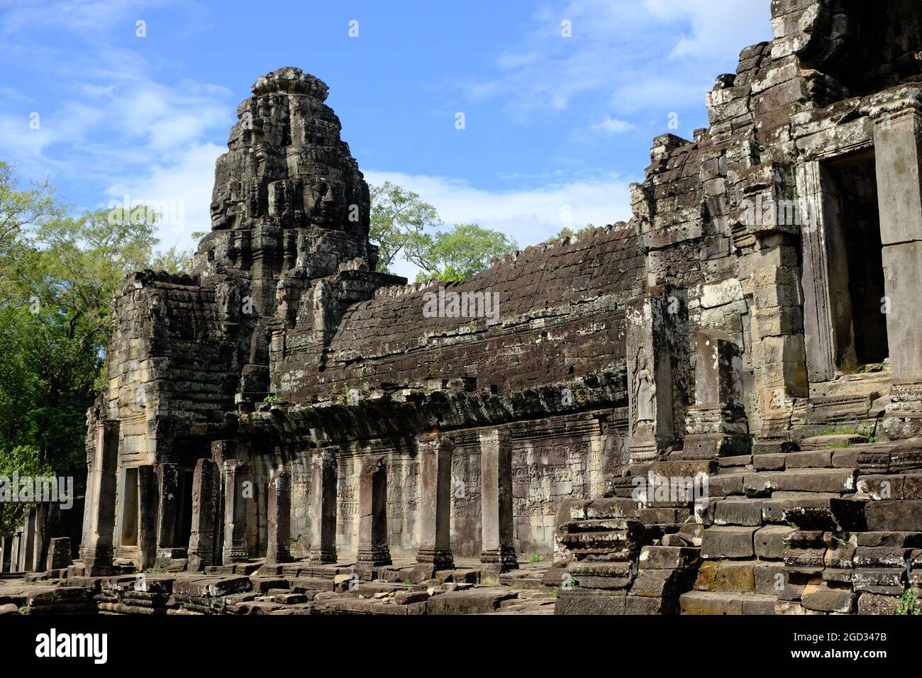 Kambodscha Krong Siem Reap Angkor Wat - Bayon Temple Fassade mit geschnitzten Gesichtern Stockfoto