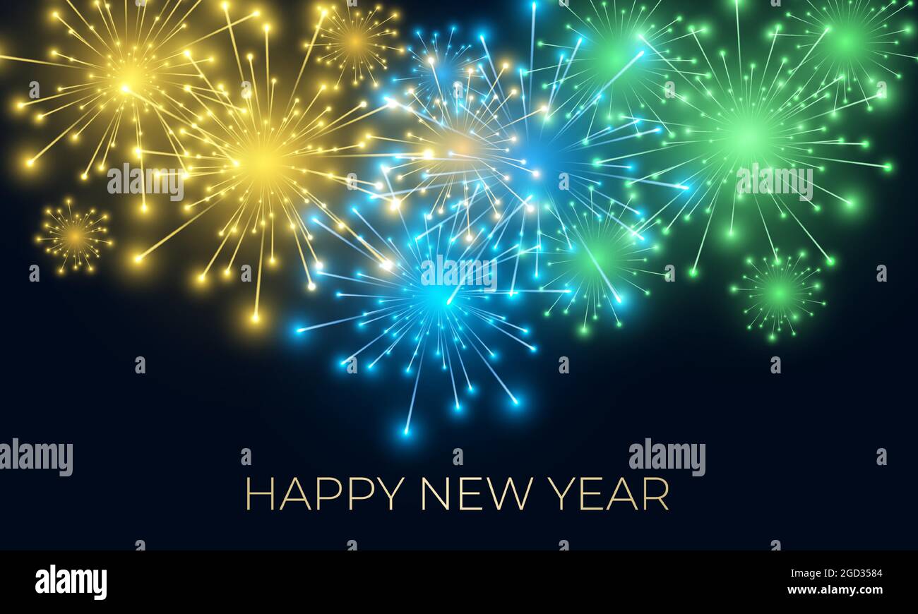 Neujahr festliche Vektor Hintergrund mit Feuerwerk und funkeln Feier Lichter. Frohe weihnachten und glückliches neues Jahr buntes Feuerwerk. Zusammenfassung Stock Vektor