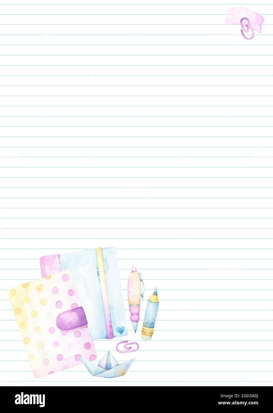 Planner Oder Veranstalter Vorgefertigte Design Mit Bunten Cartoon Aquarell Schreibwaren Clipart Einschliesslich Notizblock Planer Stift Bleistift Buroklammern Stockfotografie Alamy