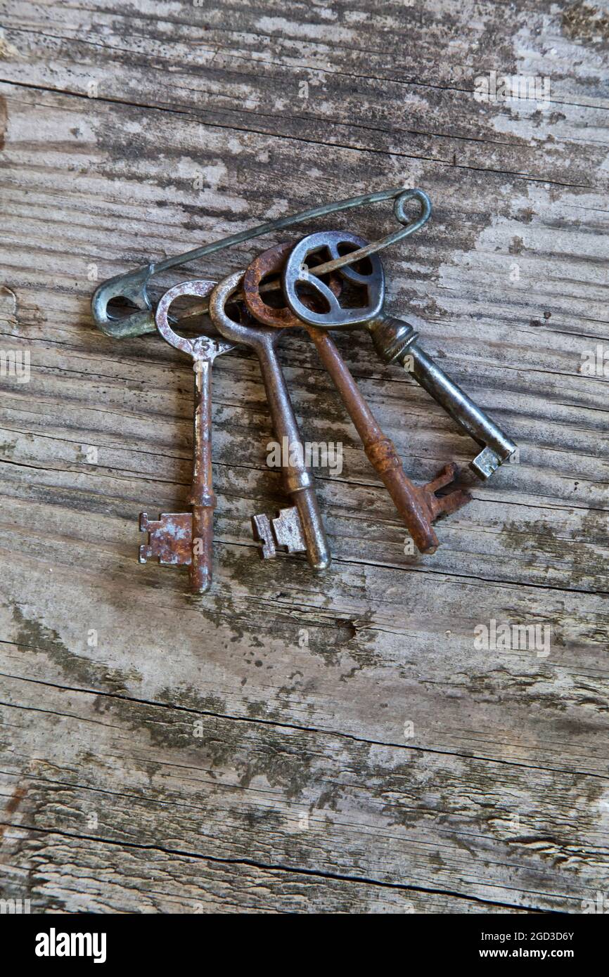 Klassische Metallschlüssel, die mit einer Sicherheitsnadel an einer Holzwand befestigt sind. Stockfoto