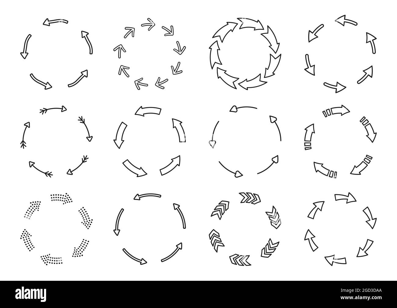 Kreisförmige Pfeile Linie Umriss schwarze Farbe, unterschiedliche Dicke. Lade-und Recycling-Symbol. Loop Refresh Reload und Drehzeichen gesetzt. Infografik Design-Elemente, Geschäftsstrategie Statistiken Diagramme Stock Vektor