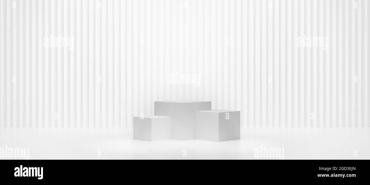 Kosmetisches Podium Produkt minimale Szene mit Plattform grauen Hintergrund 3d-Rendering. Display-Ständer für pastellweiße Farbe Mock up. Stand zu zeigen Schönheit Bac Stockfoto