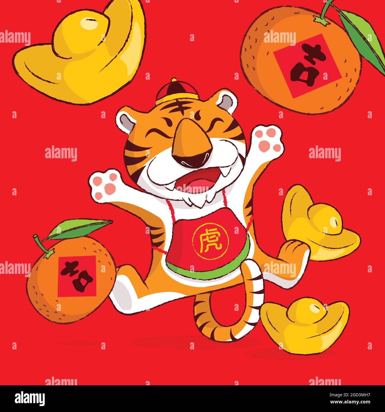 Frohes Chinesisches Neues Jahr 2022. Cartoon niedlichen Tiger springen, Mandarine Mandarine und Goldbarren auf rotem Hintergrund ausgebreitet. Übersetzen: Glück und Tiger Stock Vektor