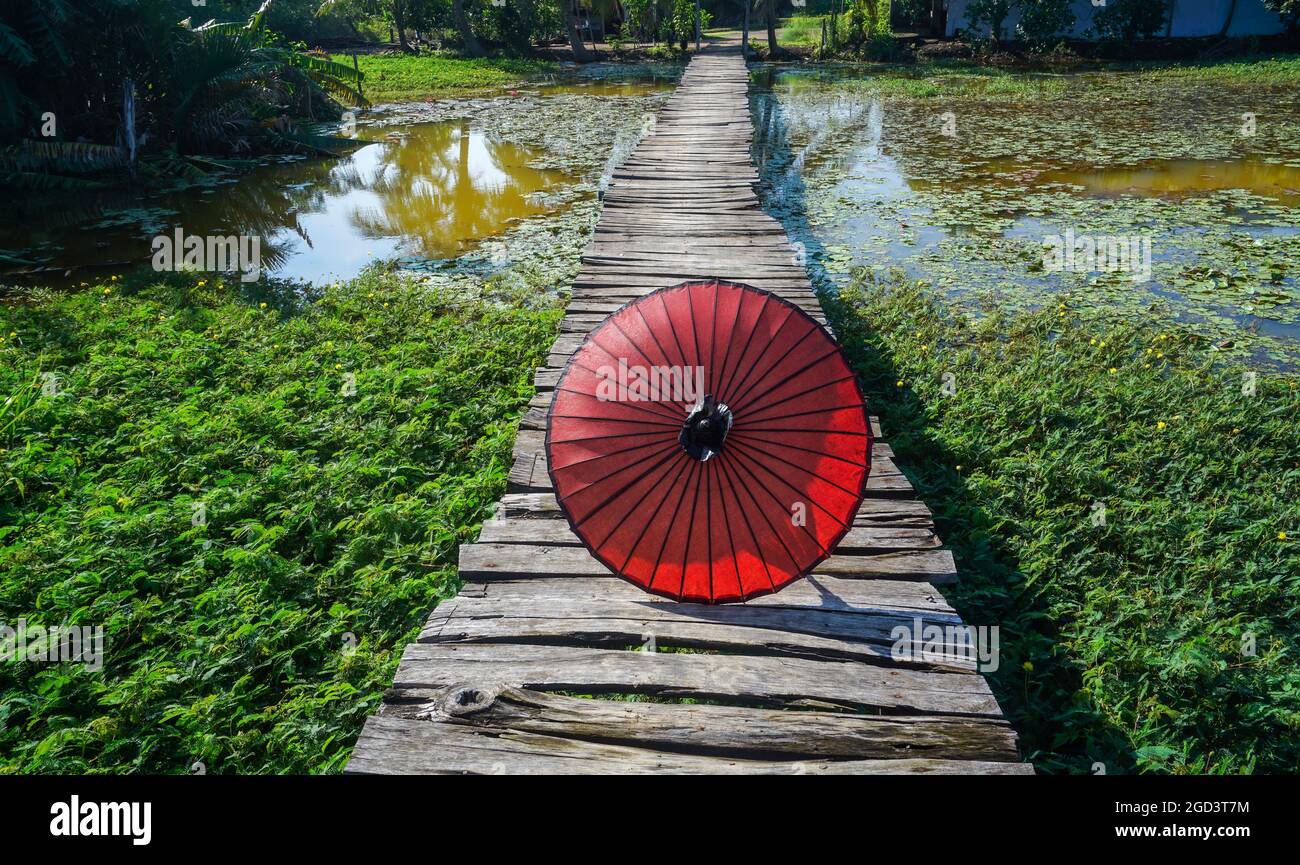 Schöne Holzbrücke in einer langen Provinz Südvietnam Stockfoto