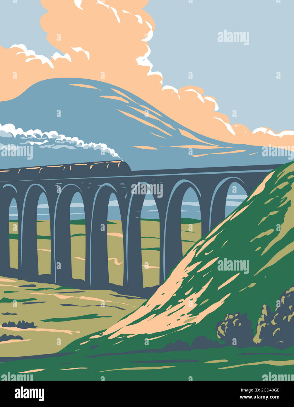 Art déco- oder WPA-Poster mit Dampfzug auf der Eisenbahn über Batty Moss oder Ribblehead Viaduct im Yorkshire Dales National Park, Nordengland, United King Stock Vektor