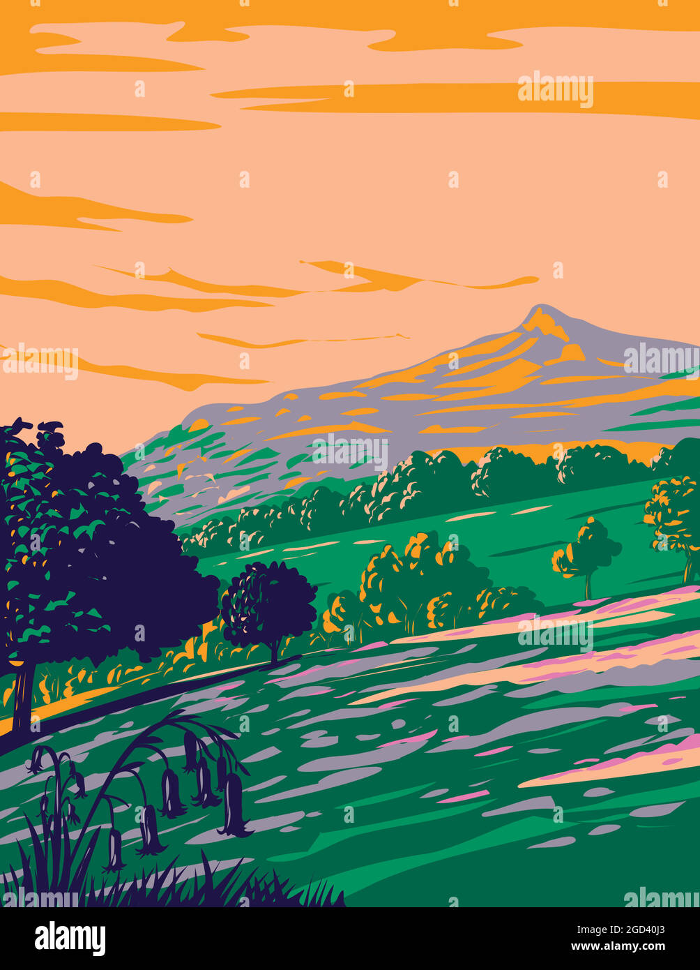 Art déco- oder WPA-Poster des North York Moors National Park mit Blauwellen in Wäldern in der Grafschaft North Yorkshire Nordostengland, United Ki Stock Vektor