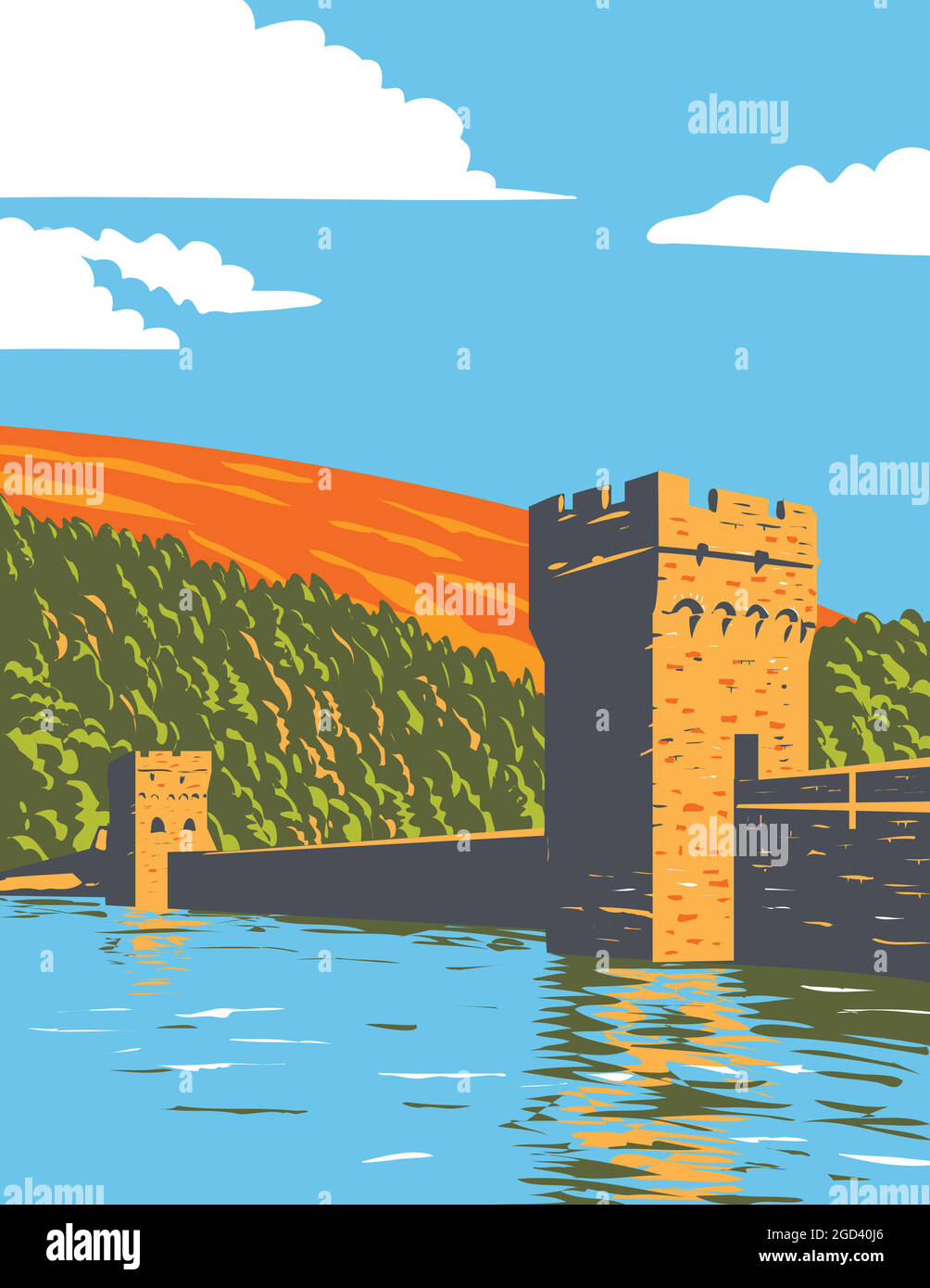 Art déco- oder WPA-Poster der Ladybower- und Derwent-Stauseen im Derwent Valley Peak District National Park, Derbyshire, England, United King Stock Vektor