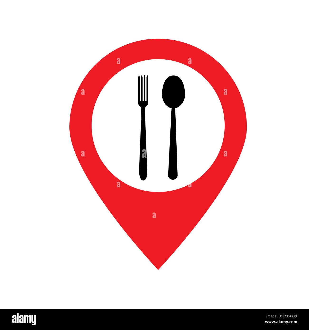 Symbol für die Lage von Cafés und Restaurants auf weißem Hintergrund. Schild mit Lebensmittelnadel. Restaurant Standort Logo Symbol. Flacher Stil. Stockfoto