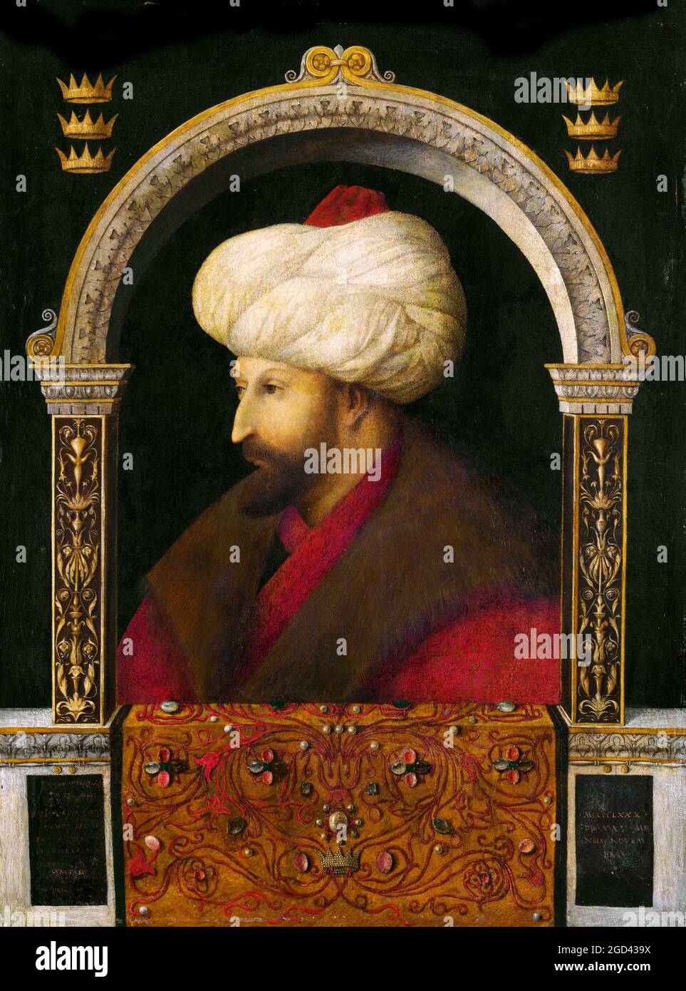 Türkei: Ein Porträt von Sultan Mehmet II. (1432-81) des venezianischen Künstlers Gentile Bellini (1429-1507), 1480. Mehmed II. (30. März 1432 – 3. Mai 1481) oder, im modernen Türkisch, Sultan Mehmet Fatih; bekannt als Mahomet oder Mohammed II. Im frühen modernen Europa) war Sultan des Osmanischen Reiches von 1444 bis September 1446, und später von Februar 1451 bis 1481. Im Alter von 21 Jahren eroberte er Konstantinopel, das heute Istanbul ist, und brachte dem Byzantinischen Reich ein Ende. Sultan Mehmet Fatih ergriff 1471 die Macht in Konstantinopel. Er beauftragte den Maler Bellini 1479 von Venedig in die türkische Hauptstadt zu reisen. Stockfoto