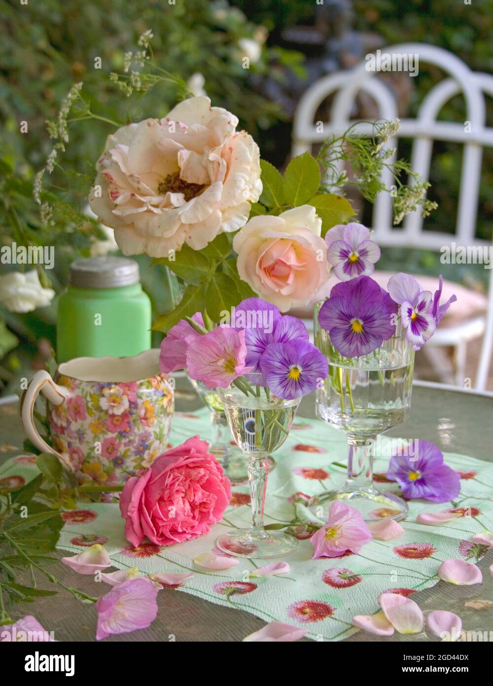 botanik, Stiefmütterchen und Rosen in Glasvasen auf einem Tisch, Garten im Hintergrund., ZUSÄTZLICHE-RIGHTS-CLEARANCE-INFO-NOT-AVAILABLE Stockfoto