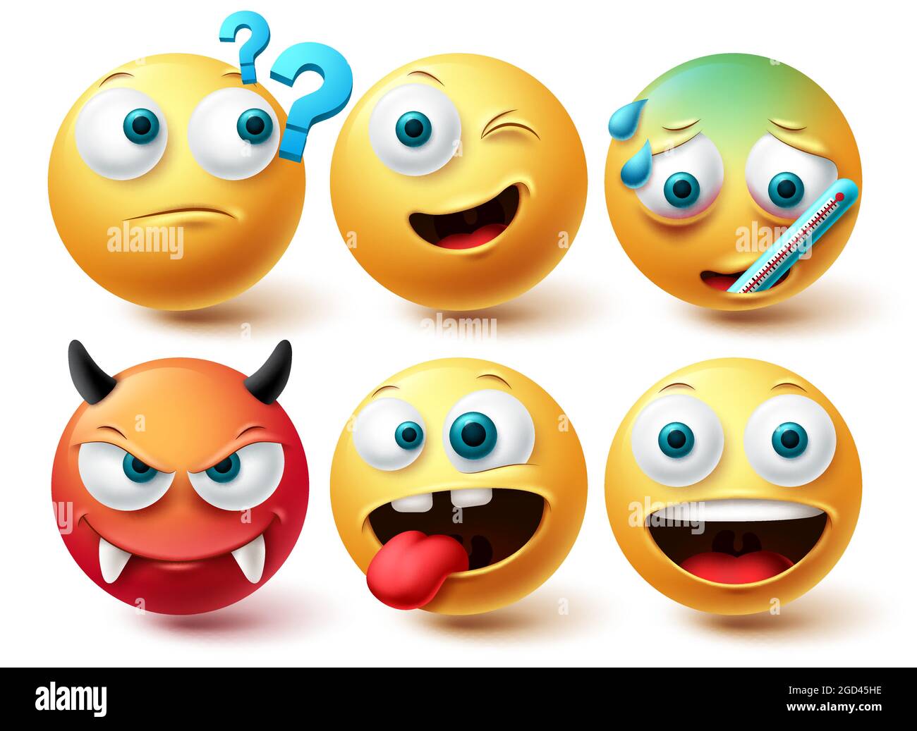 Smiley-Emoji-Vektorset. Smileys Emoticon glücklich, wütend und leise gelb und rot Icon-Sammlung isoliert in weißem Hintergrund für Grafik-Design Stock Vektor
