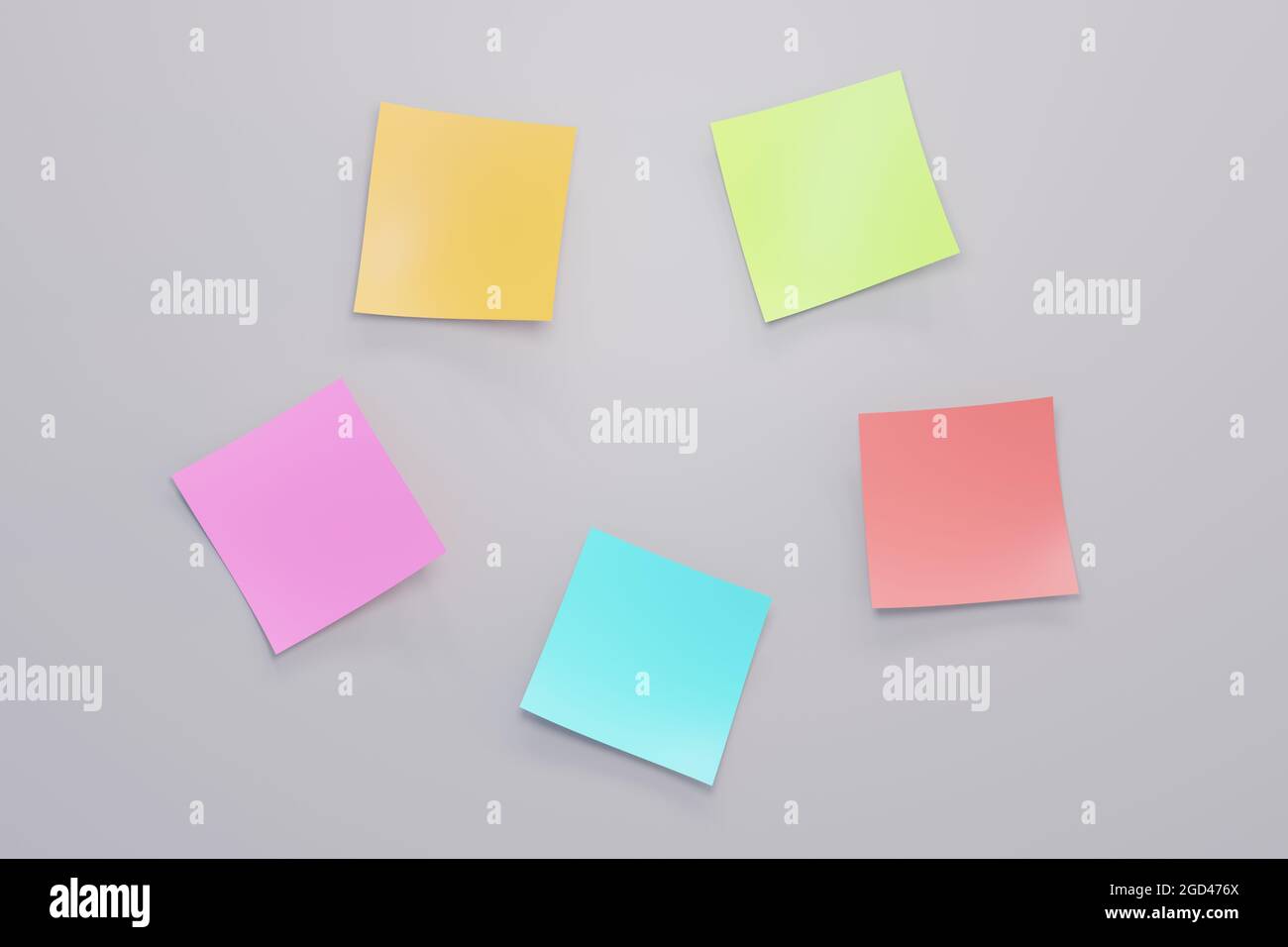 Farbenfroher Sticker aus Notizpapier, der auf einem weißen Brett oder an einer Wand befestigt ist. 3d-Illustration. Hochwertige 3d-Illustration Stockfoto