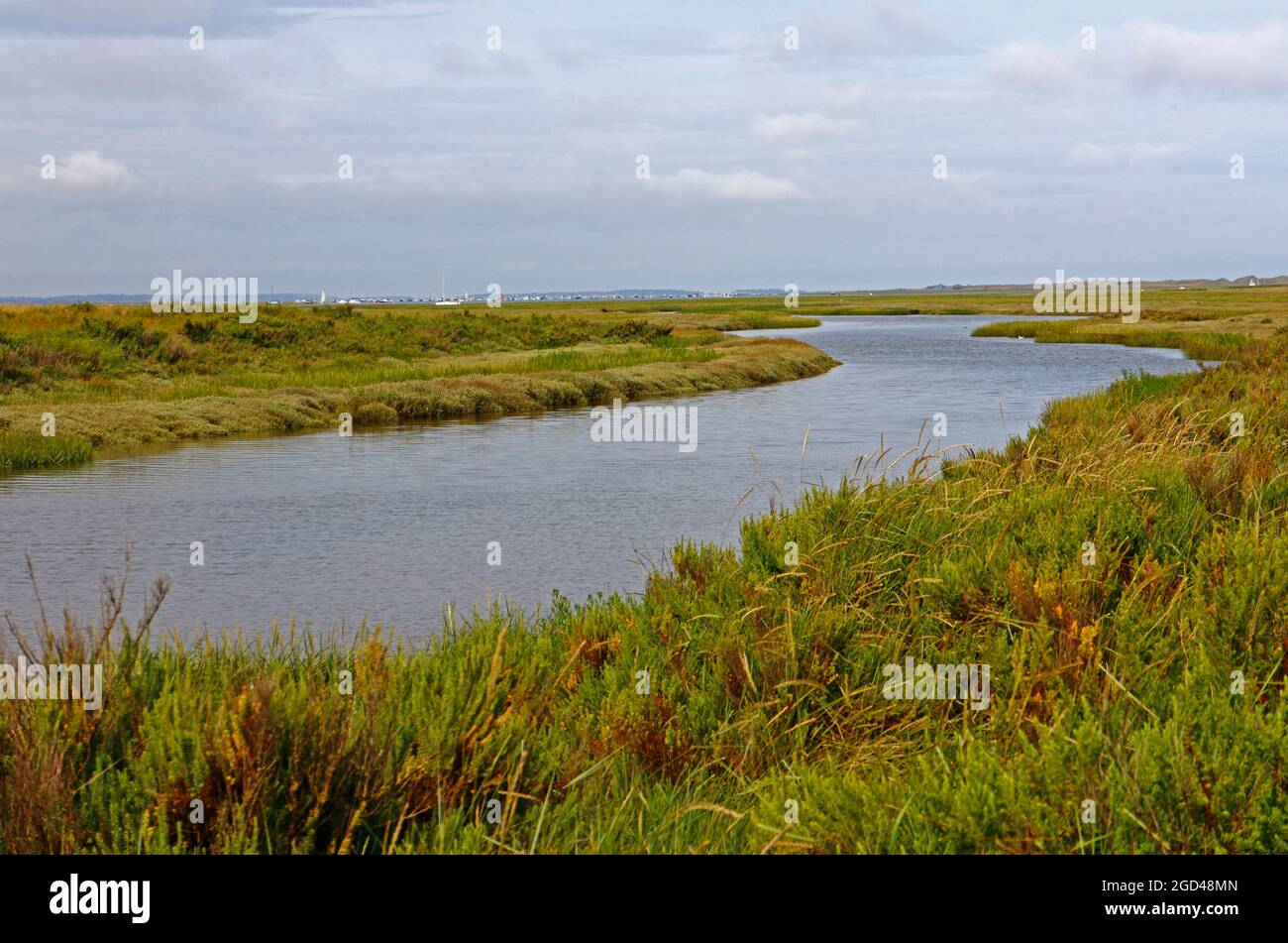 Der Fluss Glaven fließt auf der Landseite des Kiesstrandes, der in Richtung Blakeney Point, Blakeney, Norfolk, England, Vereinigtes Königreich führt. Stockfoto