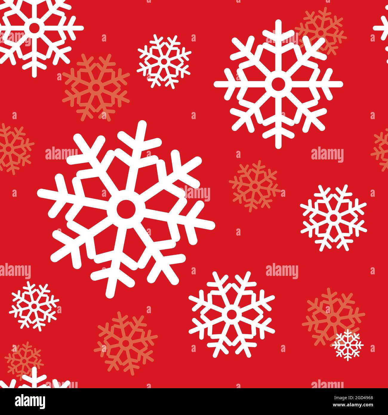 Vektor nahtloses Muster für den Winter, einfache grafische Schneeflocken auf rotem Hintergrund. Nahtloses Muster für Weihnachten, Neujahr Hintergrund. Stockfoto