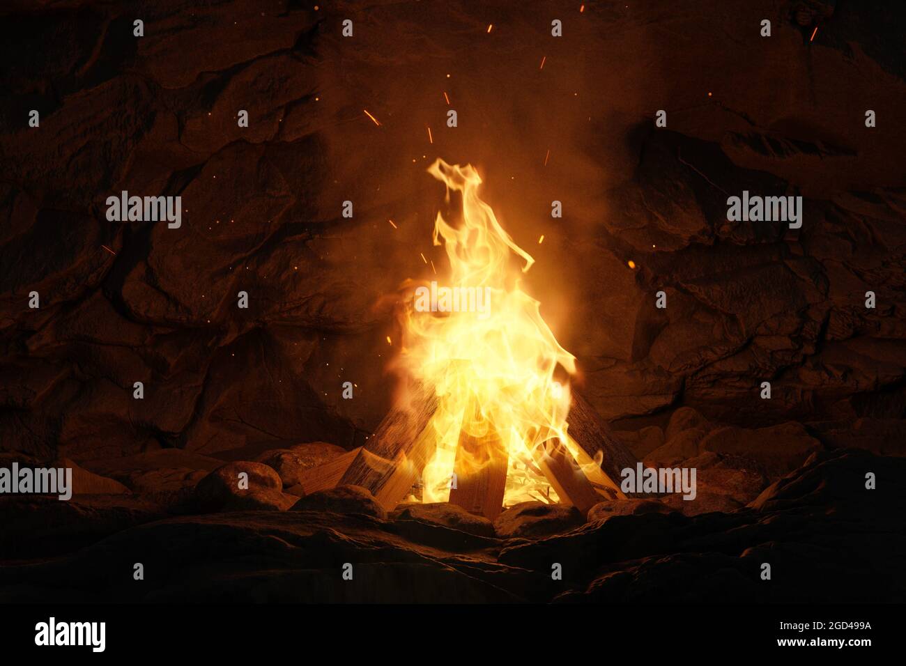 3d-Rendering von großem Lagerfeuer mit Funken und Partikeln vor einer Felswand Stockfoto
