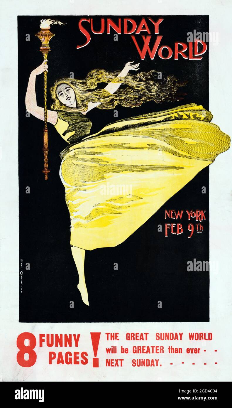 Die Sonntagswelt - New York. Papierabdeckung. Illustration im Jugendstil. 1890er. Stockfoto