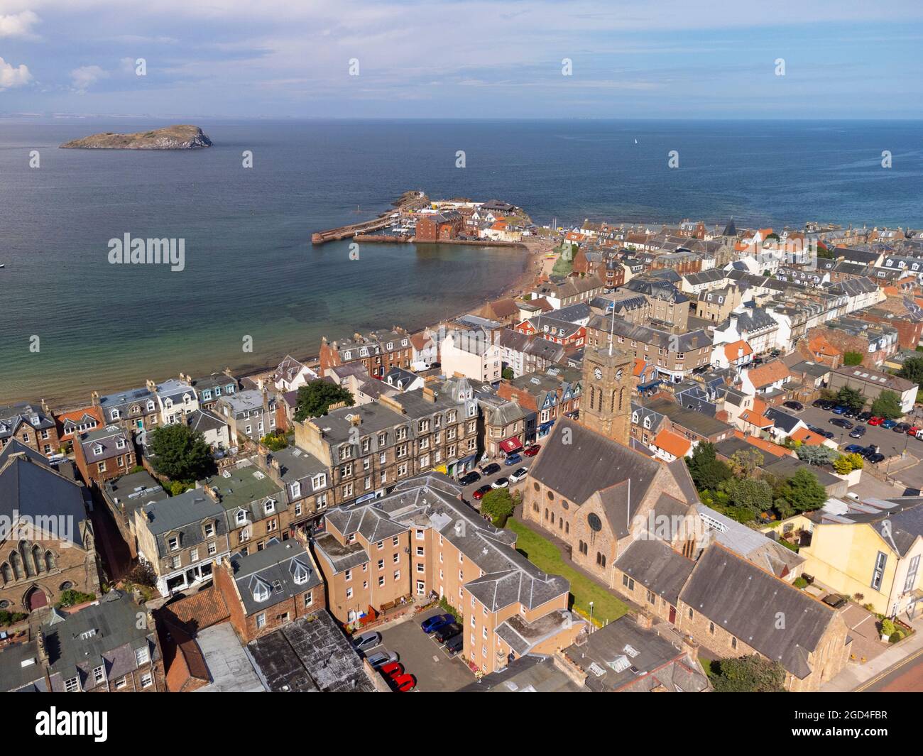 Luftaufnahme von der Drohne von North Berwick in East Lothian, Schottland, Großbritannien Stockfoto
