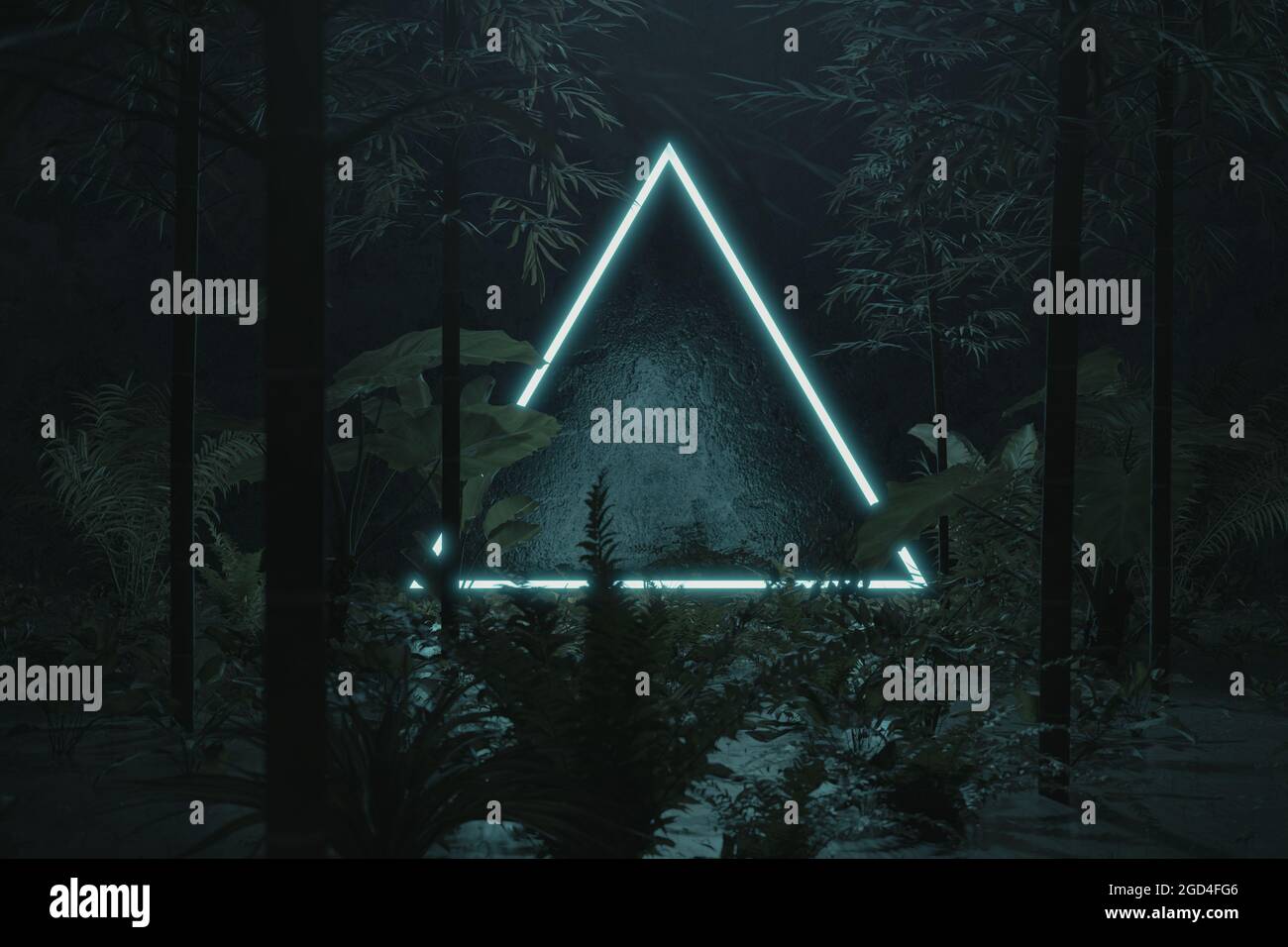 3d-Darstellung von blau hellen Dreiecksform umgeben von Dschungelbäumen Stockfoto