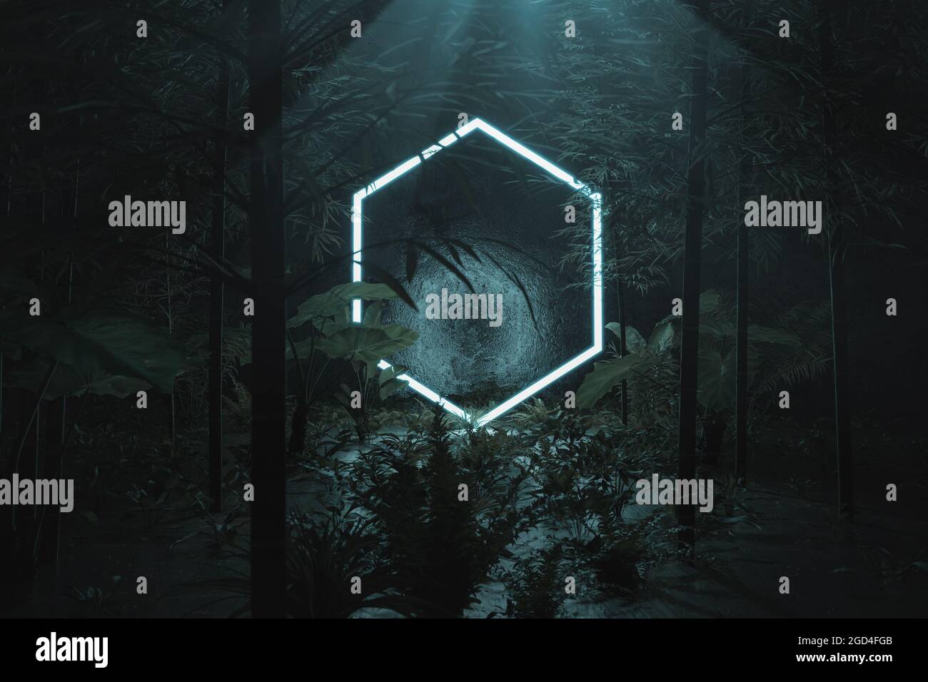 3d-Rendering von blau hellen Sechseck-Form umgeben von Dschungel Bäume Stockfoto