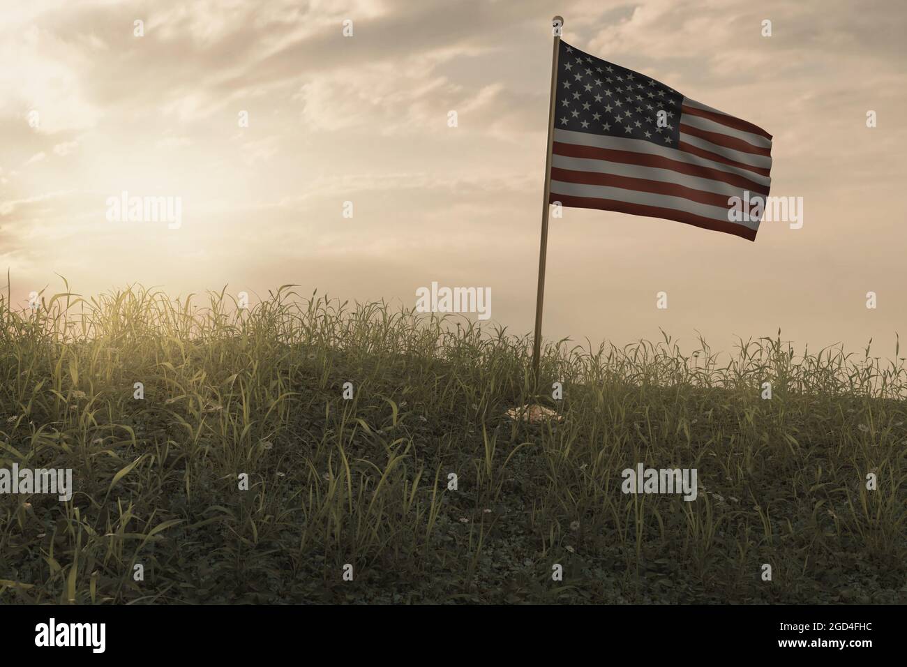 3d-Darstellung einer kleinen winkenden amerikanischen Flagge, die auf einer friedlichen Blumenwiese steht, um an den Nationalfeiertag zu erinnern Stockfoto