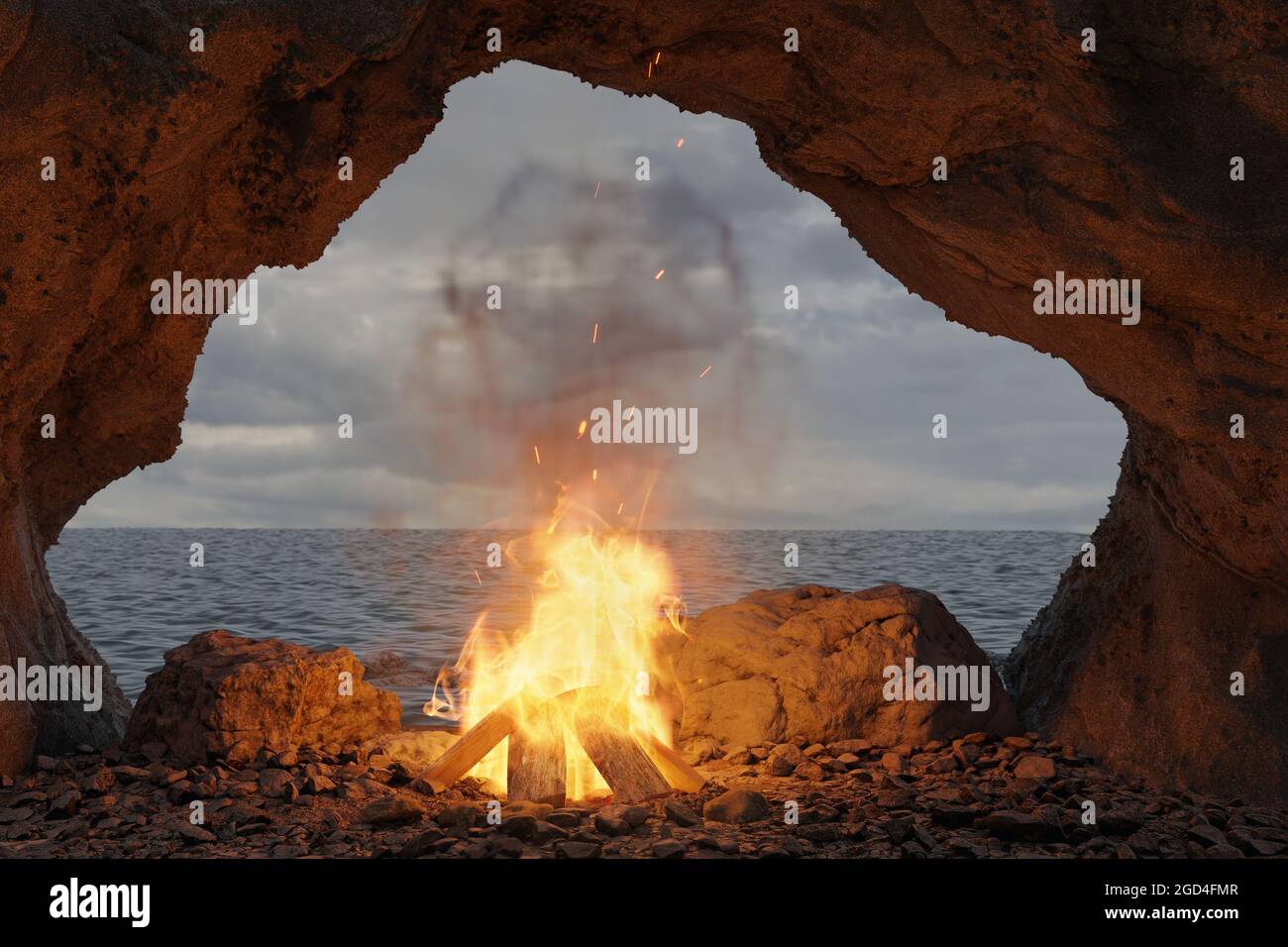 3D Rendering von großen Lagerfeuer mit Funken und Partikeln in Vor dem Meer und der Höhle Stockfoto