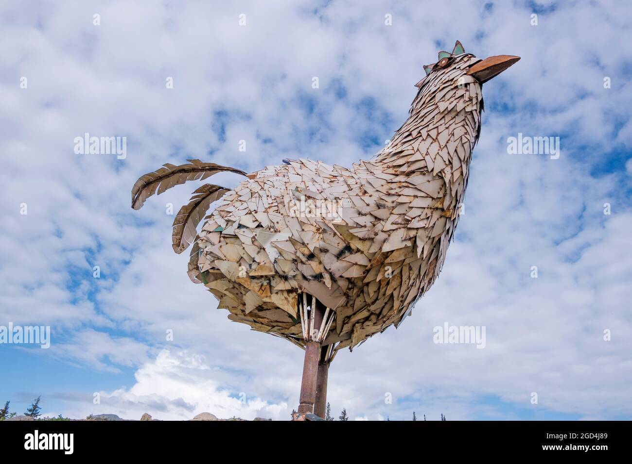 Die ikonische Hühnerskulptur in Chicken, Alaska, vor blauem Himmel mit Wolken. Die große Statue ist aus alten Metallfächern gefertigt. Stockfoto