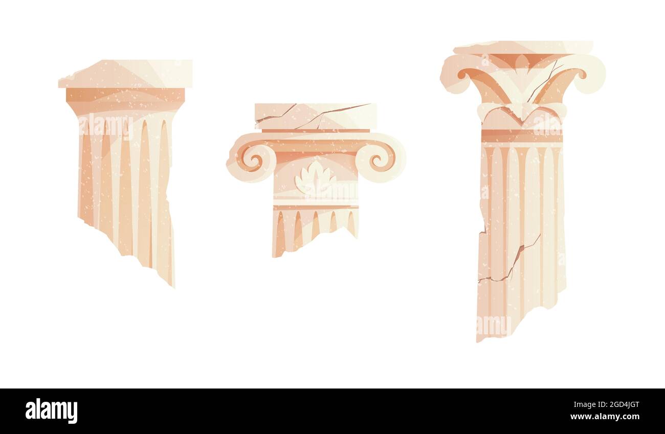 Antike zerbrochene griechische Säulen. Antiker römischer Pfeiler. Gebäudedesign-Elemente. Stock Vektor