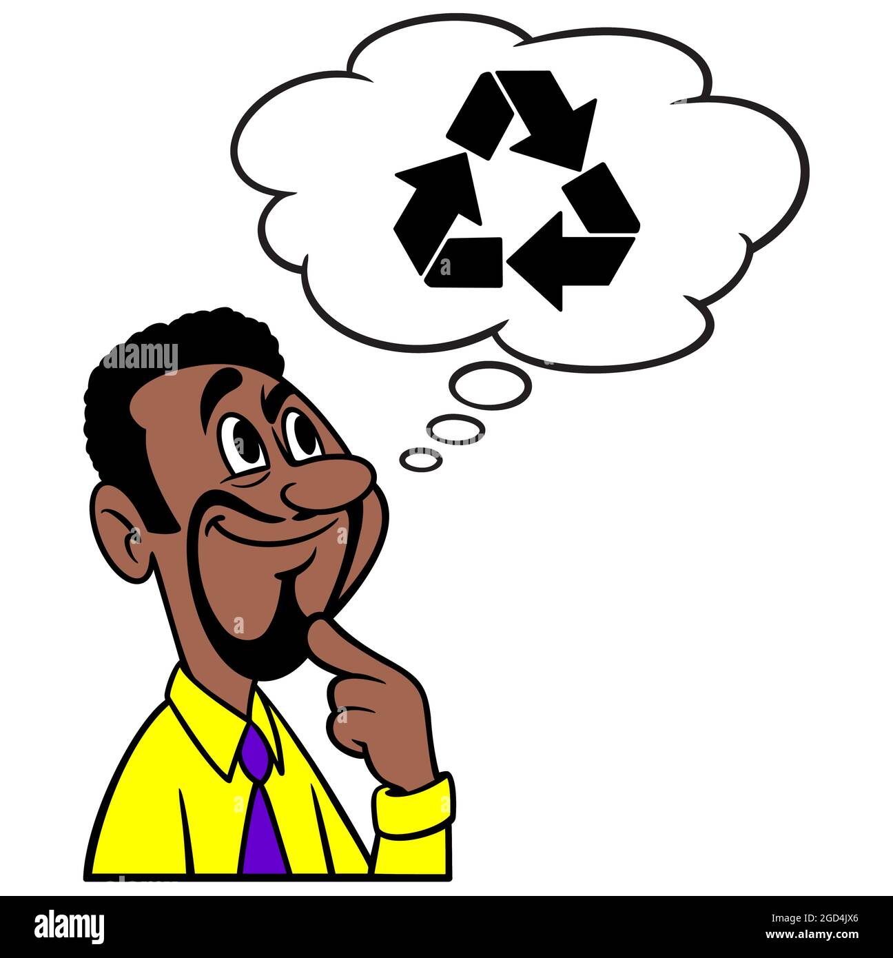 Man Thinking about Recycling - EINE Cartoon-Illustration eines Mannes, der über die Hindernisse des Recycling nachdenkt. Stock Vektor