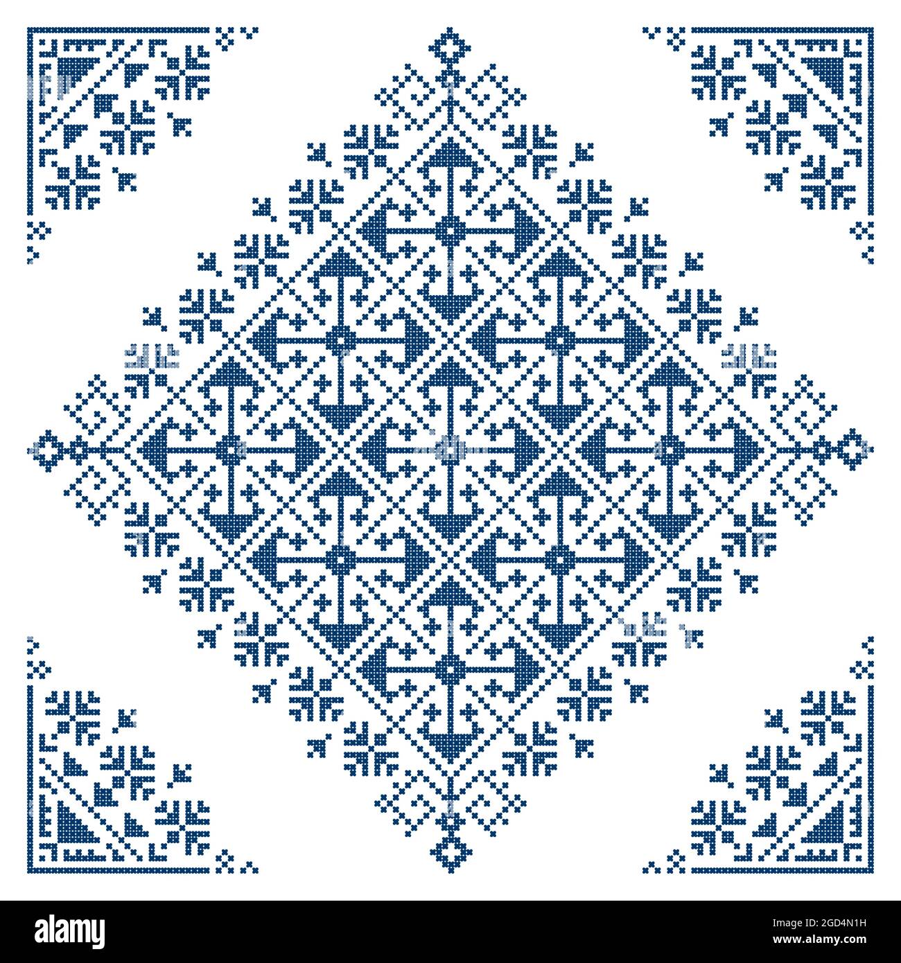 Bosnien und Herzegowina Ethnische Volkskunst Vektor-Muster als die alte Zmijanje Stickerei Design mit quadratischen Ornament und Ecken gestylt Stock Vektor