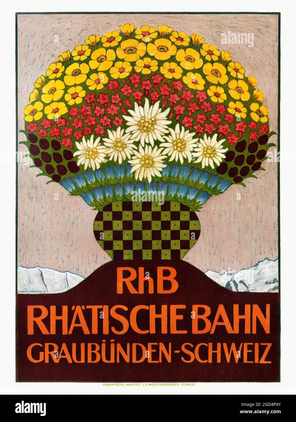 RhB Rhätische Bahn. Graubünden, Schweiz von Ernst Emil Schlatter (1883-1954). Restauriertes Vintage-Poster, das 1911 in der Schweiz veröffentlicht wurde. Stockfoto