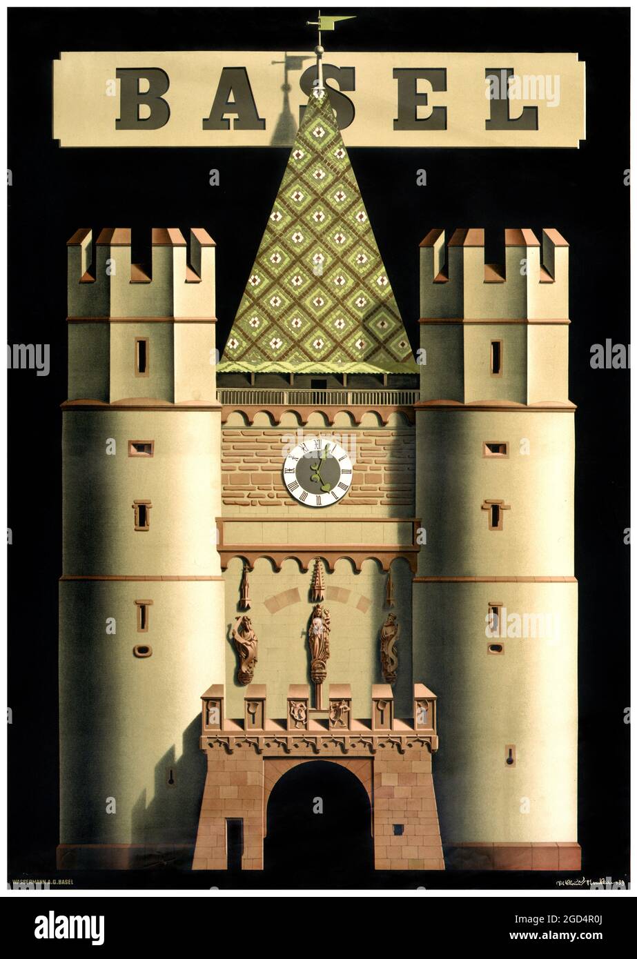 Basel von Niklaus Stoecklin (1896-1982). Restauriertes Vintage-Poster, das 1939 in der Schweiz veröffentlicht wurde. Stockfoto