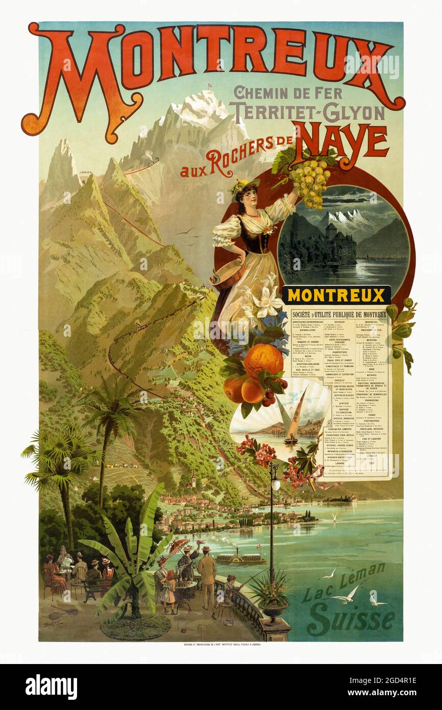 Montreux. Chemin de fer Territet - Glyon aux Rochers de Naye. Lac Léman Suisse von Peter Balzer (1855-1916). Restauriertes Vintage-Poster, das 1894 in der Schweiz veröffentlicht wurde. Stockfoto