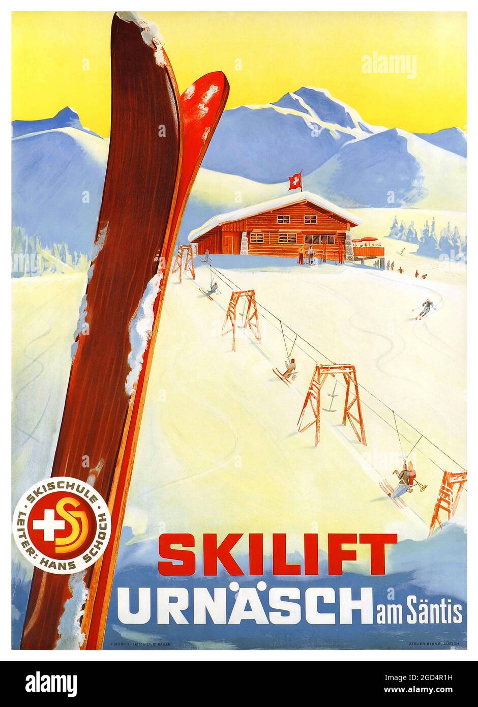Skilift Urnäsch am Säntis. Skischule Leiter, Hans Schoch. Eidenbenz-Seitz & Co, St. Gallen Atelier Blank, Zürich. Restauriertes Vintage-Poster, das 1944 in der Schweiz veröffentlicht wurde. Stockfoto