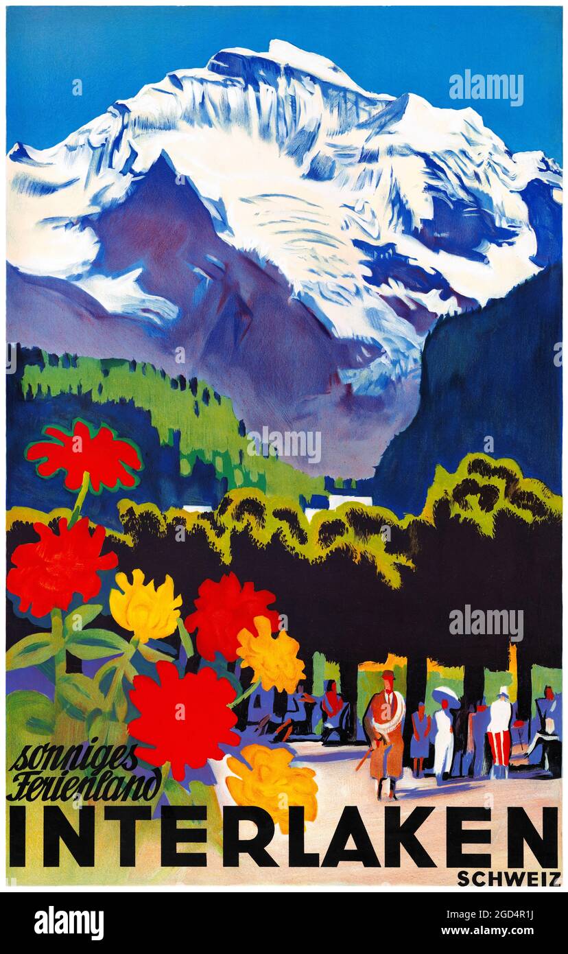 Sonniges Ferienland Interlaken Schweiz von Otto Baumberger (1889–1961). Restauriertes Vintage-Poster, das in der Schweiz veröffentlicht wurde. Stockfoto