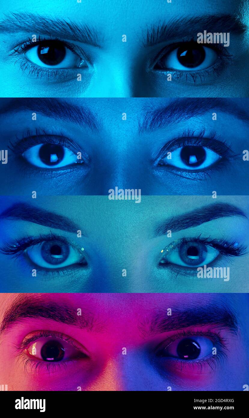 Collage aus Nahaufnahme-Augen von Männern und Mädchen isoliert auf farbigem  Neon-Backgorund. Mehrfarbige Streifen. Männliche und weibliche Blicke  Stockfotografie - Alamy