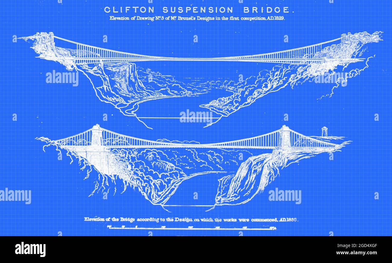 Clifton Suspension Bridge (eröffnet 1864) aus dem Buch das Leben des Isambard Kingdom Brunel, Bauingenieur. Von Isambard Brunel Veröffentlicht in London von Longmans, Green in 1870. Isambard Kingdom Brunel FRS MInstCE (9. April 1806 – 15. September 1859) war ein englischer Bauingenieur, der als "eine der genialsten und produktivsten Persönlichkeiten der Ingenieurgeschichte", "einer der Ingenieurgiganten des 19. Jahrhunderts" und "eine der größten Persönlichkeiten der industriellen Revolution, [Wer] veränderte das Gesicht der englischen Landschaft mit seinen bahnbrechenden Entwürfen und genialen Konstruktionen.“ Brunel hat Doc Stockfoto