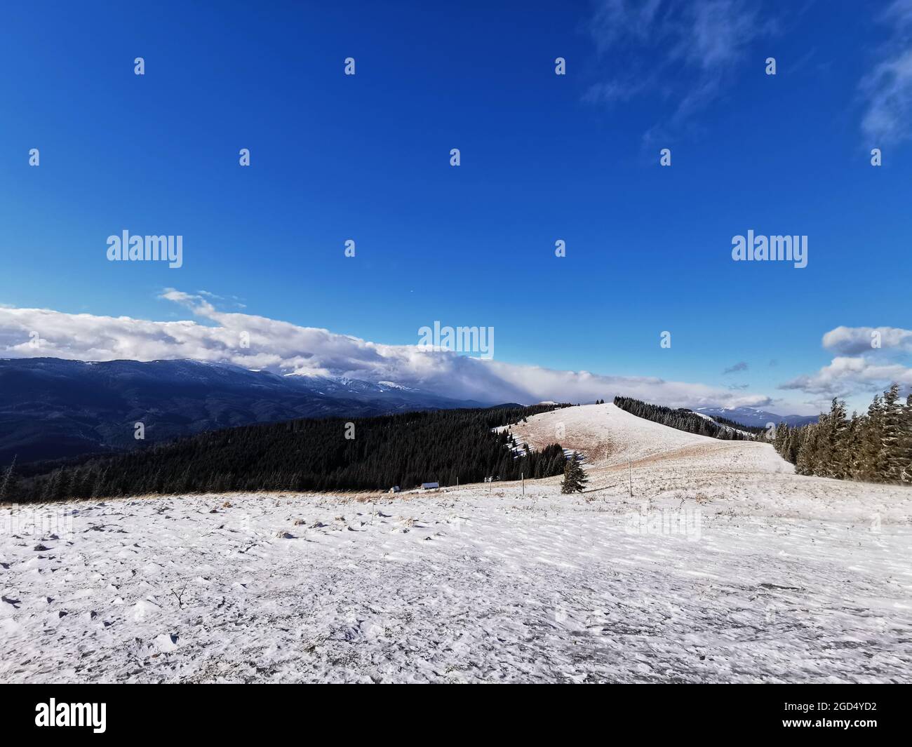 Eine schneebedeckte Feldseite eines schneebedeckten Berges Stockfoto