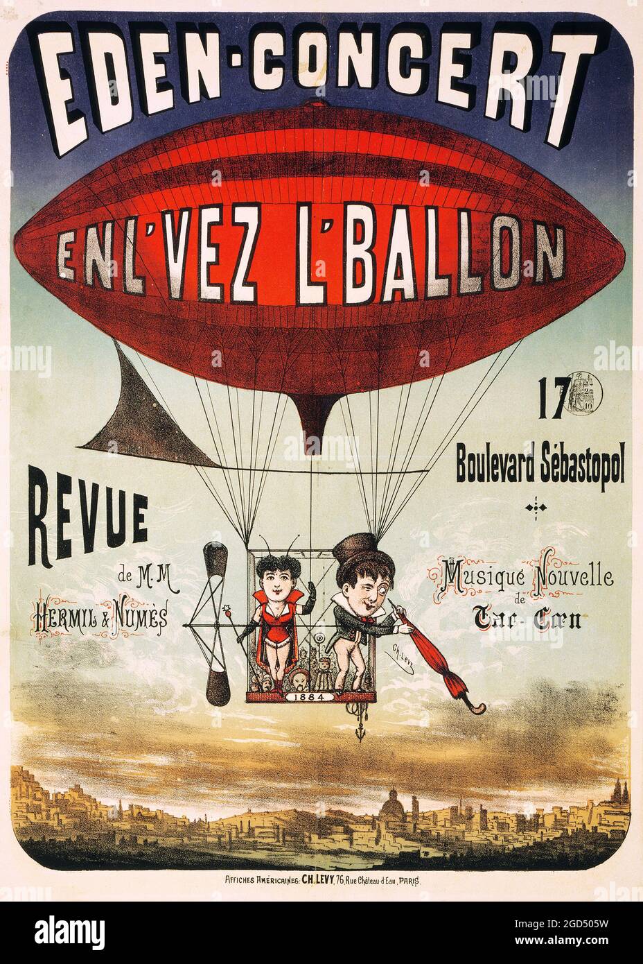 Eden-Konzert, enl'VEZ l'Ballon Revue de m.m. Hermil & Numès, 17 Boulevard Sébastopol, musique nouvelle de Tar-Caen. 1884. Stockfoto