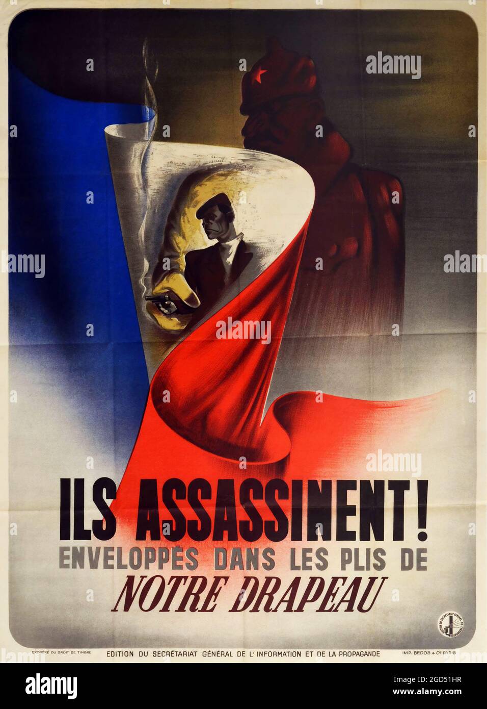 Propagandaplakat - Widerstands-Assassinen WWII Vichy Frankreich - vintage anti-sowjetischer Weltkrieg zwei Propagandaplakat. 1942. Stockfoto