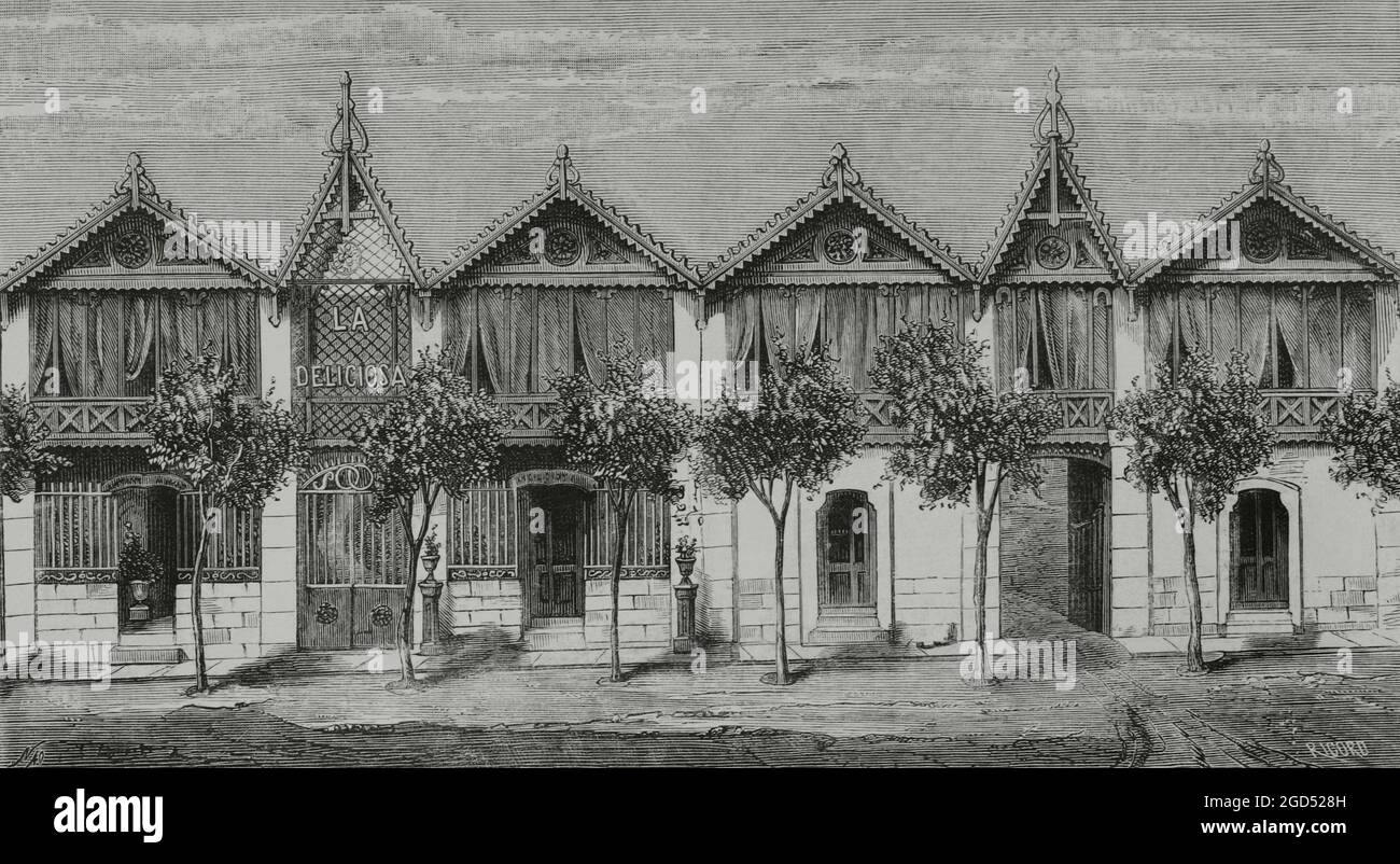 Spanien, Madrid. Neue Fassade der „La Deliciosa“-Softdrink-Fabrik, Umzug in die Santa Engracia-Straße Nr. 7. Sie brauten Bier, Soda, Siphon und Seltzerwasser, das damals sehr verbreitet war. Gravur. La Ilustración Española y Americana, 1882. Stockfoto