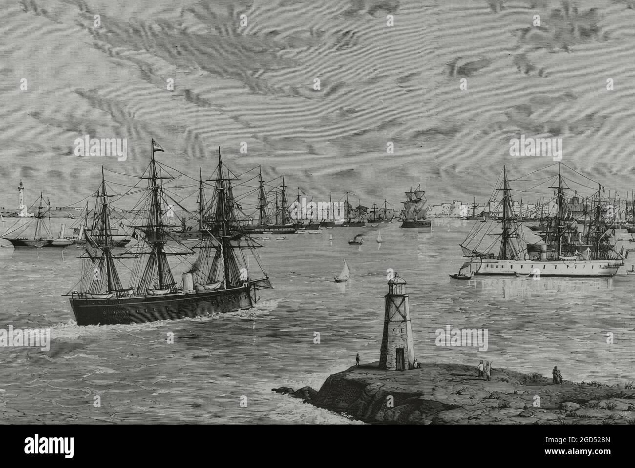 Ägypten, Alexandria. Am 11. Juni 1882 bricht in der Stadt eine fremdenfeindliche Bewegung aus, die sich auf andere Städte ausdehnt und 200 Ausländer ermorden lässt. Der Konflikt entstand durch die Einreise englischer und französischer Schiffe in den Hafen von Alexandria. Gesamtansicht des Hafens und Verankerung der ausländischen Geschwader. Zeichnung von A. Caula. Gravur von Rico. La Ilustración Española y Americana, 1882. Stockfoto