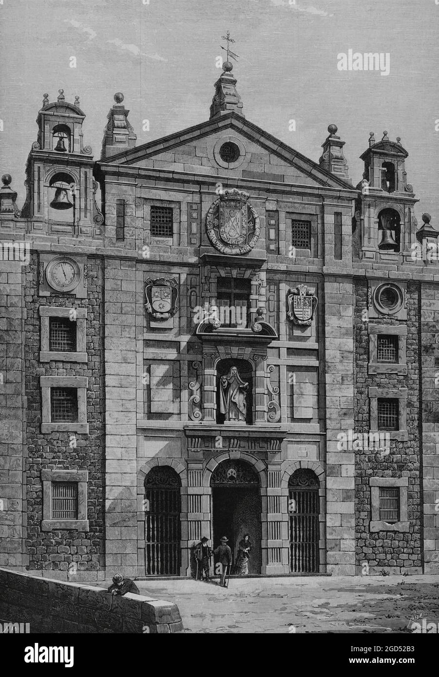 Spanien, Avila. Hauptfassade der Kirche und des Klosters von Santa Teresa. Erbaut an der Stelle des Hauses, in dem Santa Teresa de Jesus geboren wurde. Zeichnung von Nao. Gravur von Rico. La Ilustración Española y Americana, 1882. Stockfoto