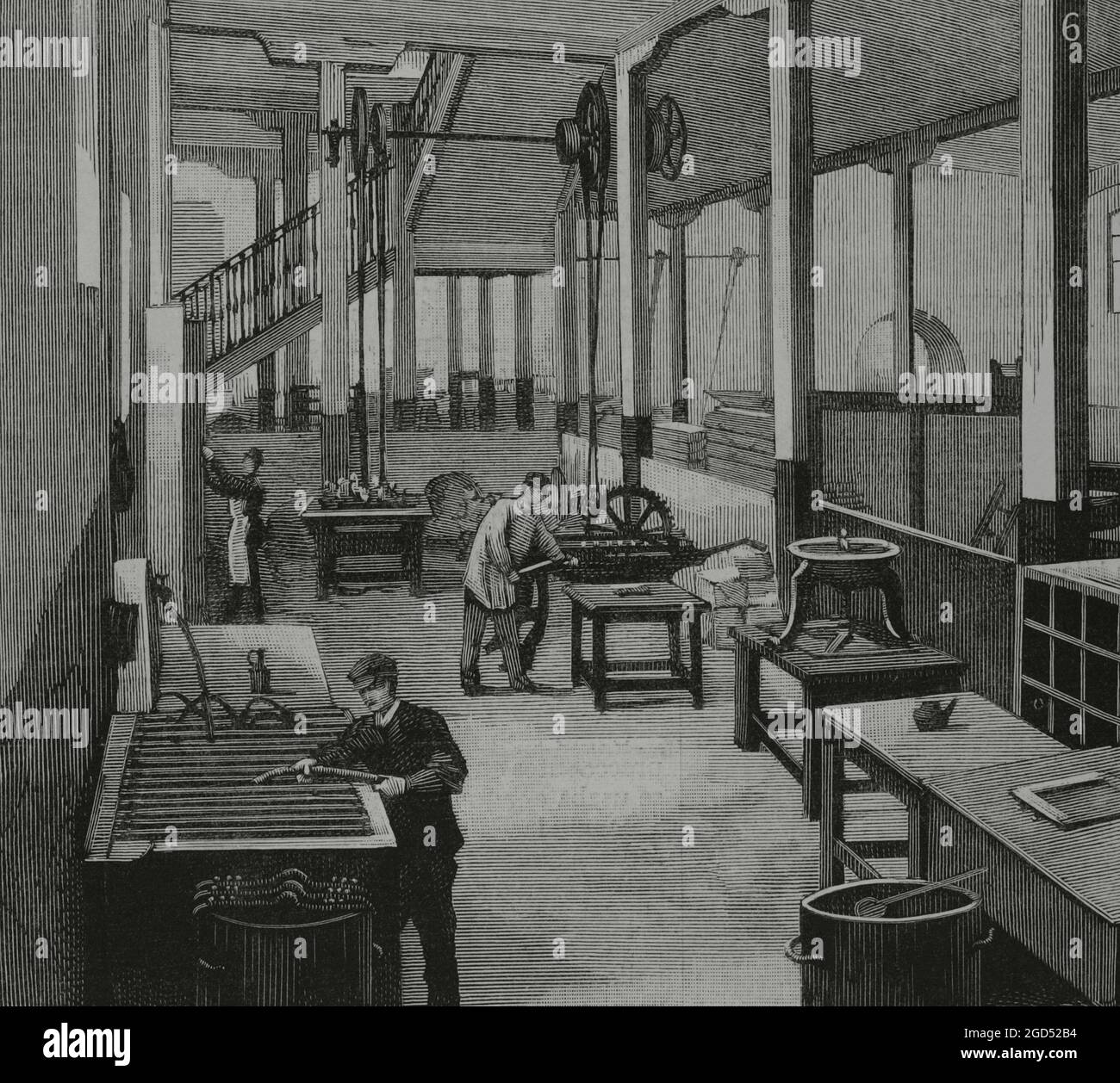 Spanien, Madrid. Neue typografische Einrichtung der 'Sucesores de Rivadeneyra', am Paseo de San Vicente. Abteilungen für den Einsatz von Galvanik- und Stereotypisierungsmethoden. Gravur. La Ilustración Española y Americana, 1882. Stockfoto