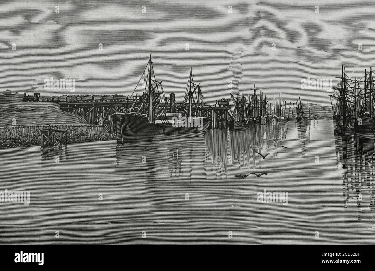 Spanien, Baskenland. Bergbauindustrie in Biskaya. Mündung von Bilbao. Laderampen der 'Franco-Belgischen Gesellschaft' und La Orconera, in Luchana. Gravur. La Ilustración Española y Americana, 1882. Stockfoto